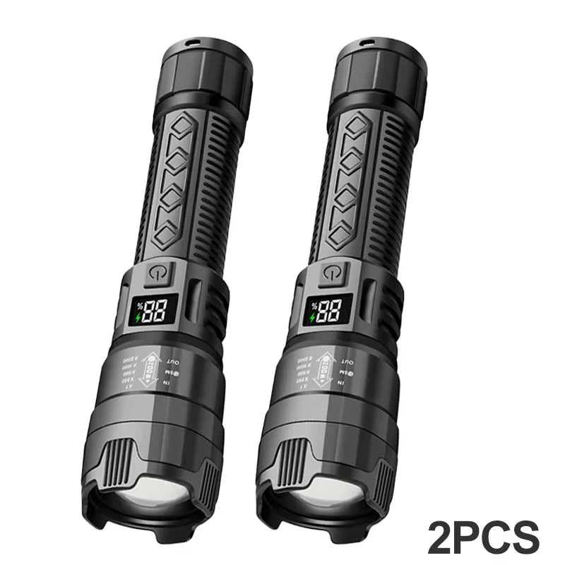 High Strong Power Led Flashlights 2000LM Tactical Torch with Display Light USB Charging Camping Fishing Emergency Zoom Lantern