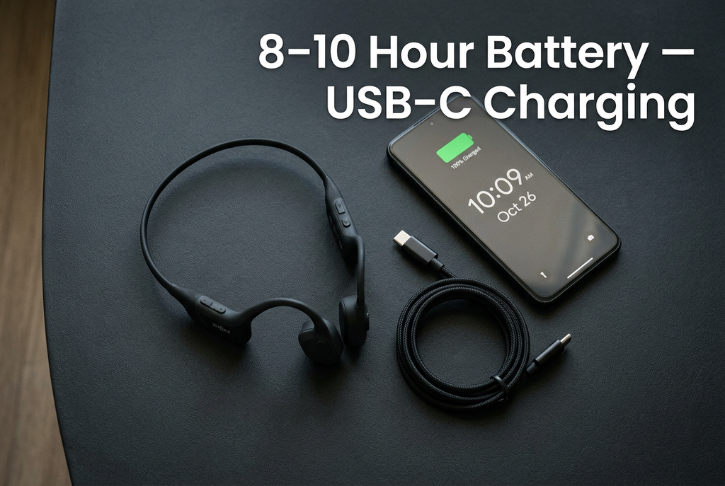 Bone conduction headphones with USB-C cable, 8-10 hour battery