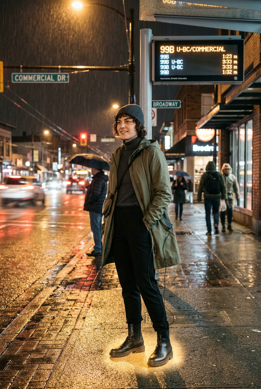 Confident stylish commuter warm at 99B bus stop Commercial and Broadway with Heat Treats for Feet