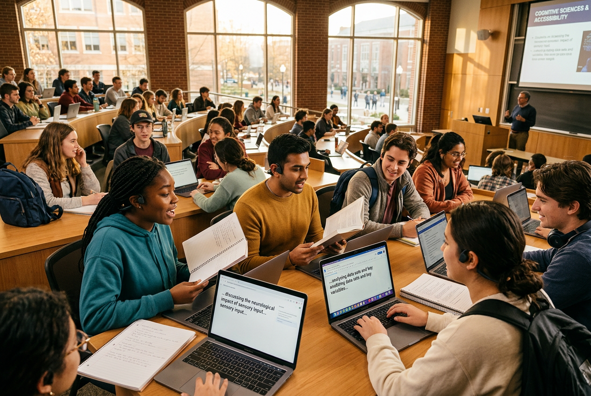 Students in lecture hall using bone conduction headphones for speech-to-text notetaking
