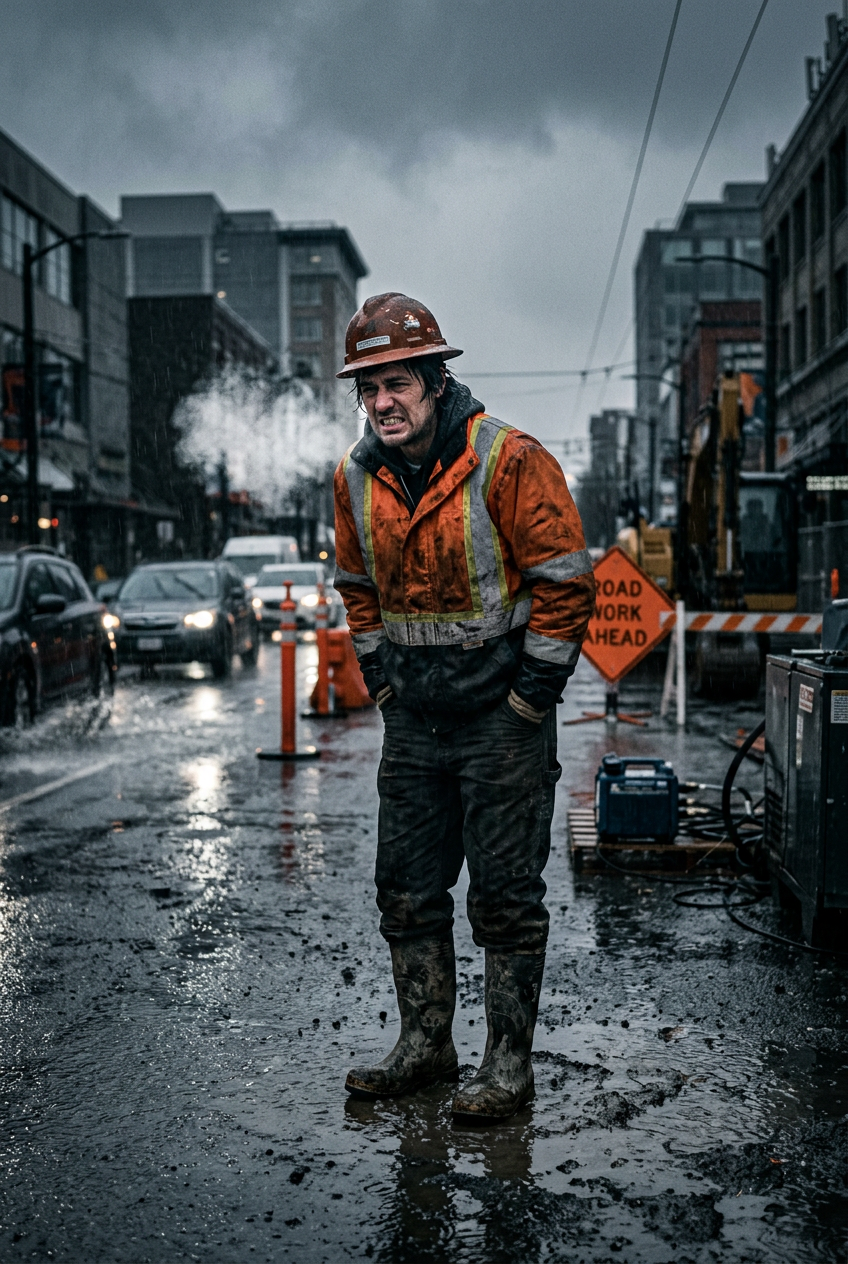 Road worker miserable in the cold without heated insoles