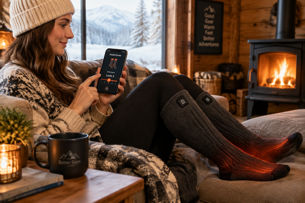 Person using smartphone app to control heated socks temperature
