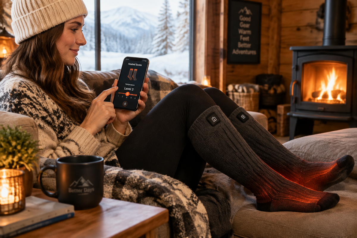 Person using smartphone app to control heated socks temperature