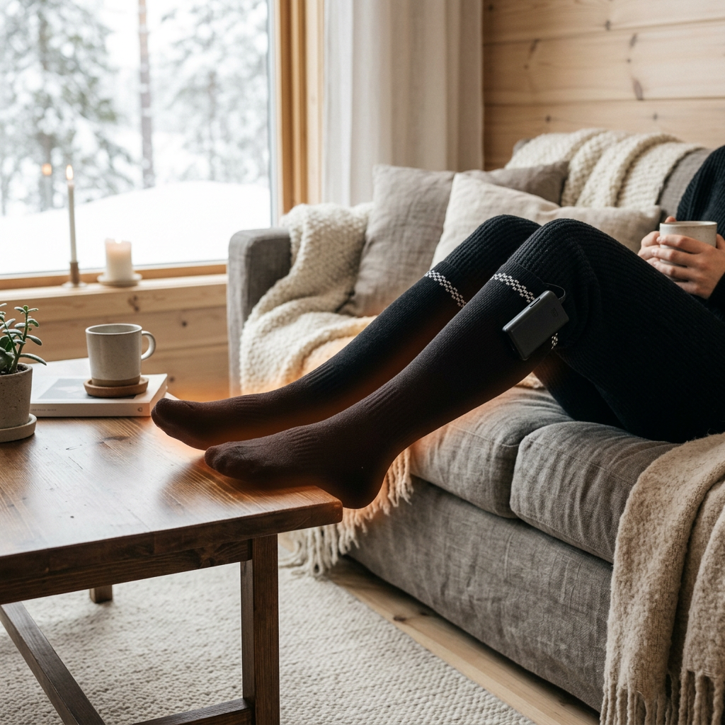 Person relaxing on a winter cabin sofa wearing black knee-high heated socks with a battery pouch, warm glow around the feet