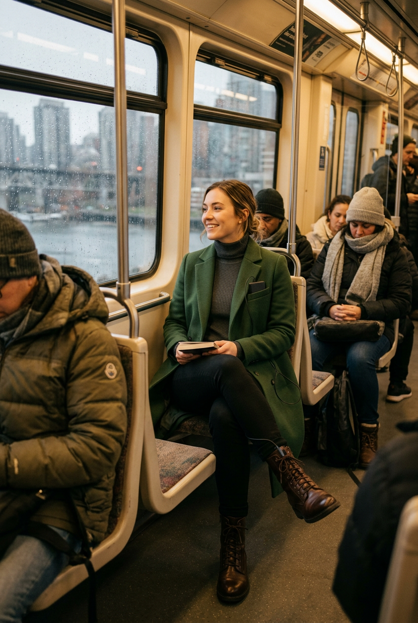 Stylish Skytrain rider warm and comfortable with Heat Treats for Feet insoles