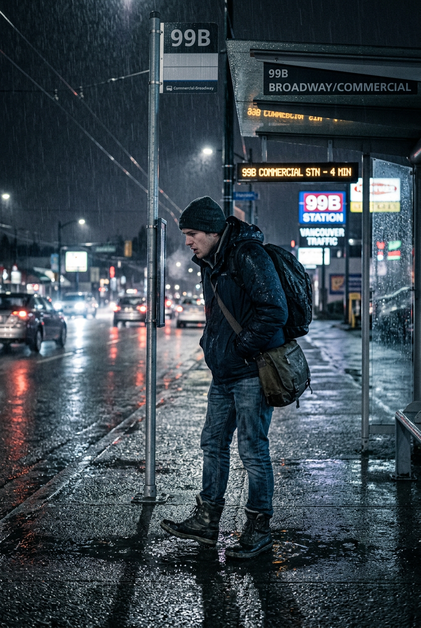 Miserable commuter waiting at 99B bus stop at Commercial and Broadway in the rain